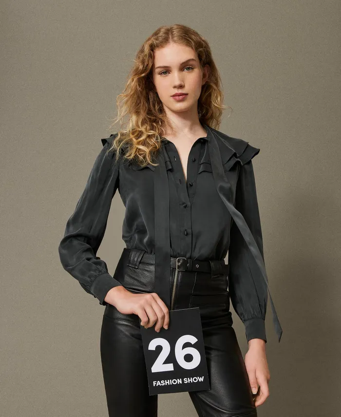 Twinset Silk Satin Shirt With Ruffles Washed Ardesia Grey Women Blouses And Shirts