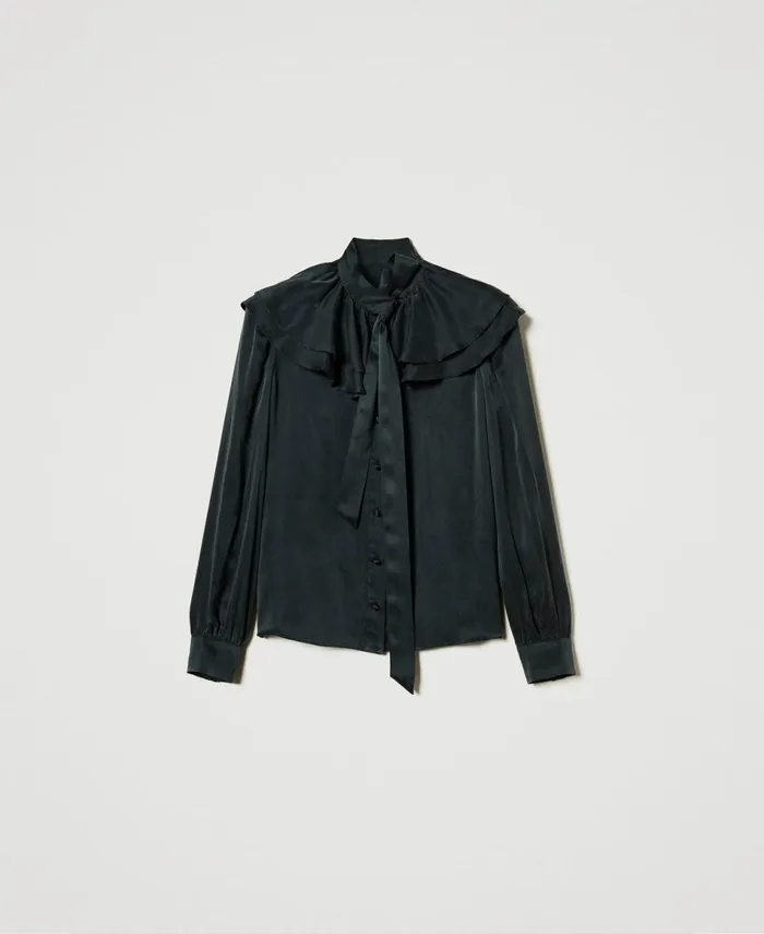 Twinset Silk Satin Shirt With Ruffles Washed Ardesia Grey Women Blouses And Shirts Twinset Silk Satin Shirt With Ruffles Washed Ardesia Grey Women Blouses And Shirts