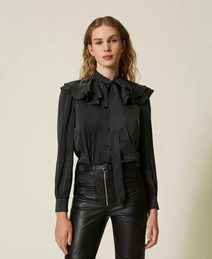 Twinset Silk Satin Shirt With Ruffles Washed Ardesia Grey Women Blouses And Shirts Twinset Silk Satin Shirt With Ruffles Washed Ardesia Grey Women Blouses And Shirts