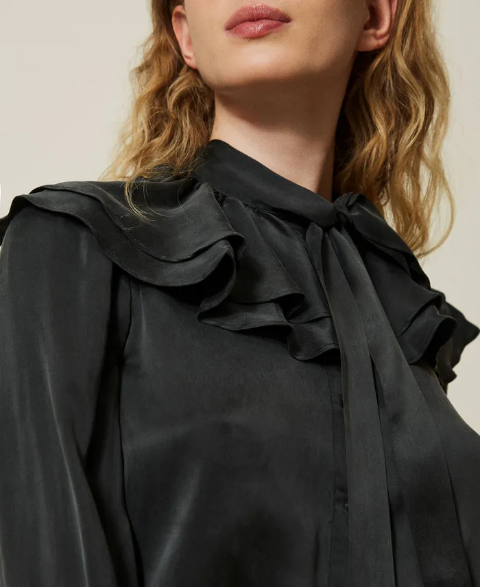 Twinset Silk Satin Shirt With Ruffles Washed Ardesia Grey Women Blouses And Shirts Twinset Silk Satin Shirt With Ruffles Washed Ardesia Grey Women Blouses And Shirts