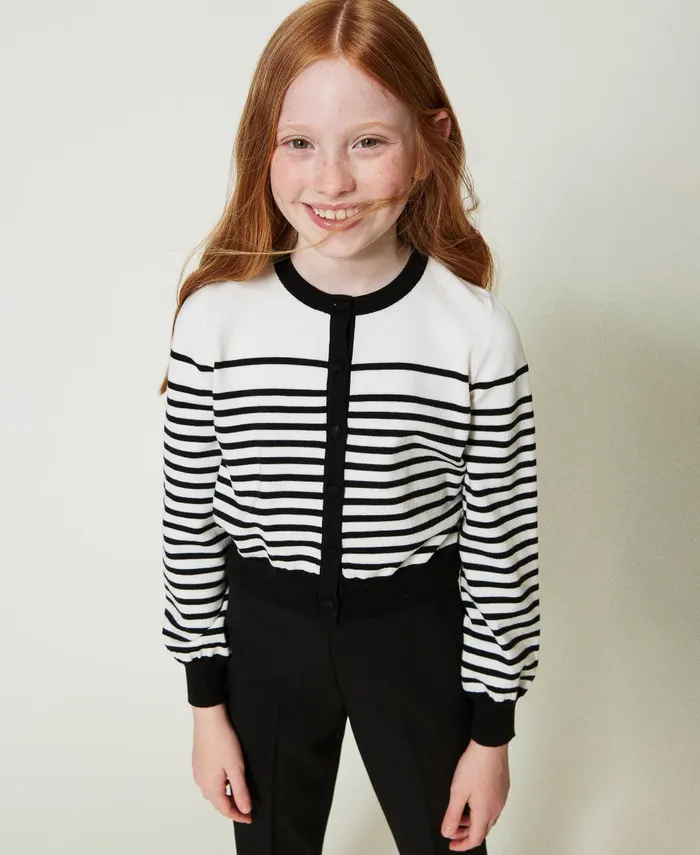 Twinset Striped Cardigan With Jacquard Logo Bicolour Off White Black Girl Jumpers And Cardigans