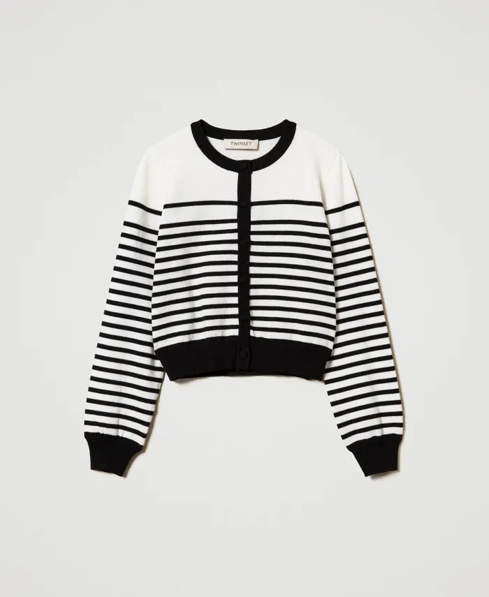 Twinset Striped Cardigan With Jacquard Logo Bicolour Off White Black Girl Jumpers And Cardigans Twinset Striped Cardigan With Jacquard Logo Bicolour Off White Black Girl Jumpers And Cardigans