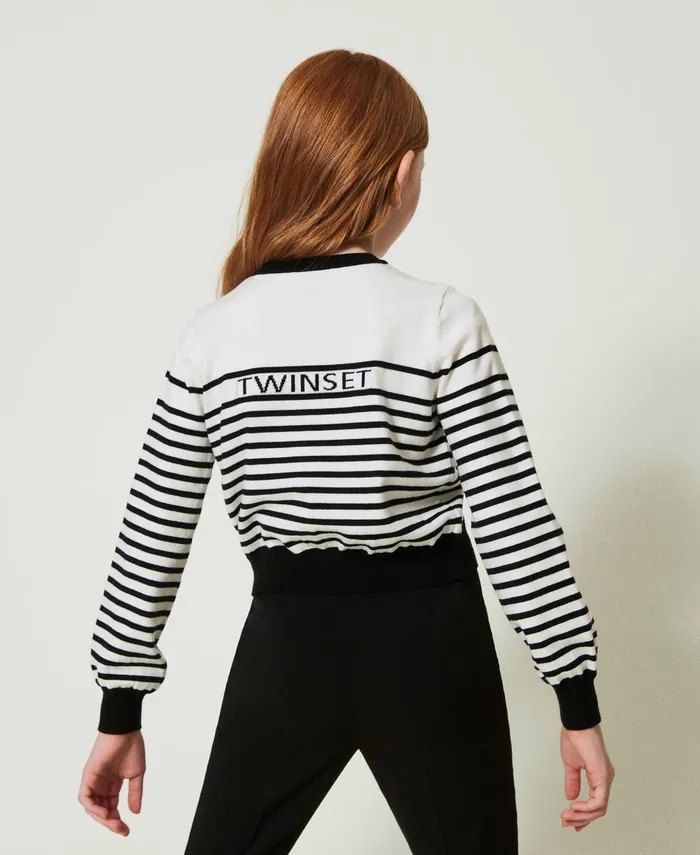 Twinset Striped Cardigan With Jacquard Logo Bicolour Off White Black Girl Jumpers And Cardigans Twinset Striped Cardigan With Jacquard Logo Bicolour Off White Black Girl Jumpers And Cardigans