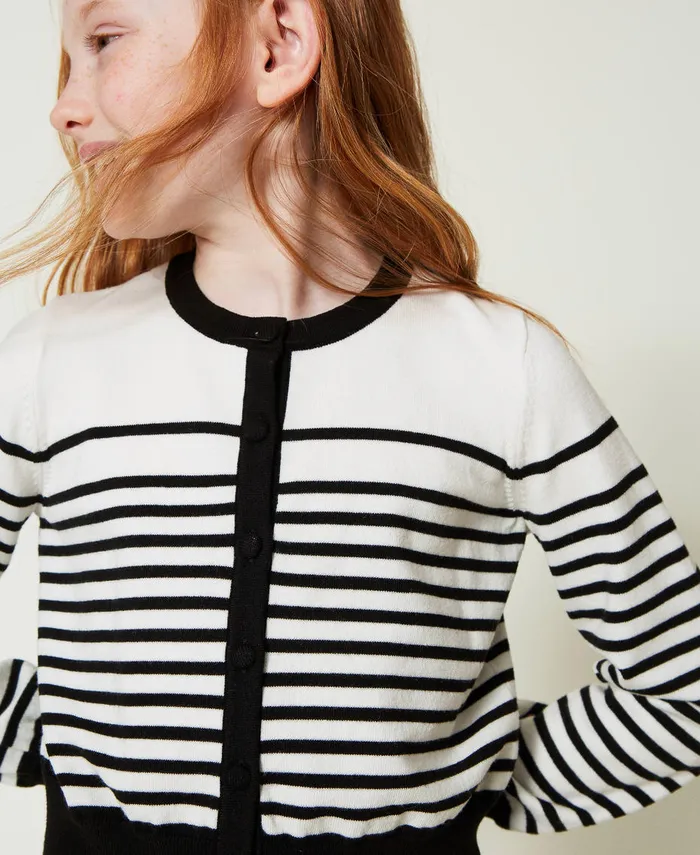 Twinset Striped Cardigan With Jacquard Logo Bicolour Off White Black Girl Jumpers And Cardigans Twinset Striped Cardigan With Jacquard Logo Bicolour Off White Black Girl Jumpers And Cardigans