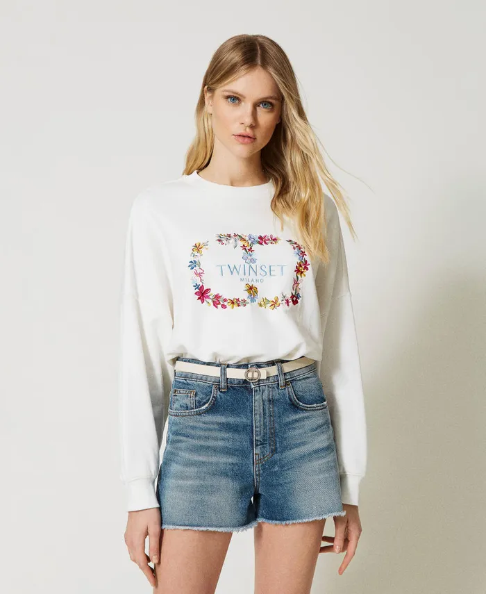 Twinset Sweatshirt With Floral Oval T Logo Antique White Women Sweatshirts