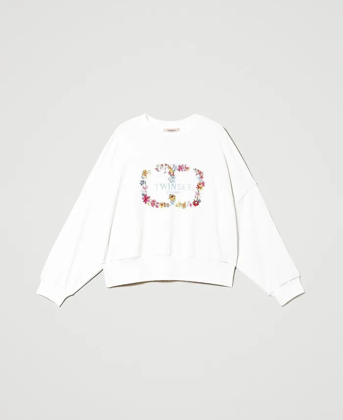 Twinset Sweatshirt With Floral Oval T Logo Antique White Women Sweatshirts Twinset Sweatshirt With Floral Oval T Logo Antique White Women Sweatshirts
