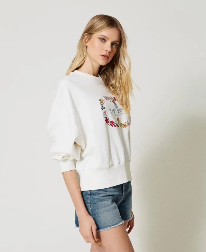 Twinset Sweatshirt With Floral Oval T Logo Antique White Women Sweatshirts Twinset Sweatshirt With Floral Oval T Logo Antique White Women Sweatshirts