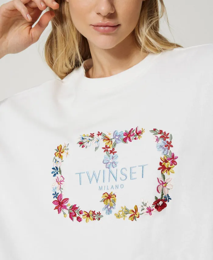 Twinset Sweatshirt With Floral Oval T Logo Antique White Women Sweatshirts Twinset Sweatshirt With Floral Oval T Logo Antique White Women Sweatshirts