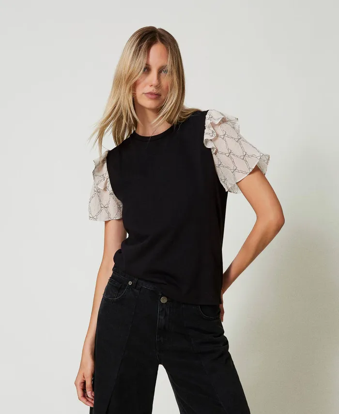 Twinset TShirt With Creponne Sleeves Black White Cream Bow Print Women TShirts And Tops