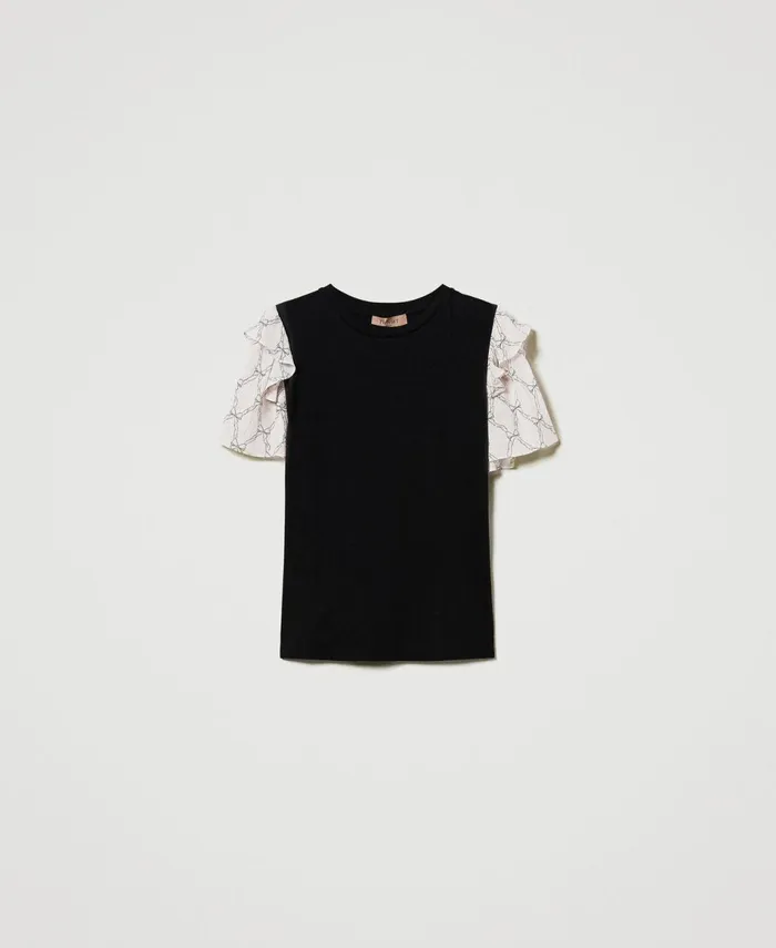 Twinset TShirt With Creponne Sleeves Black White Cream Bow Print Women TShirts And Tops Twinset TShirt With Creponne Sleeves Black White Cream Bow Print Women TShirts And Tops