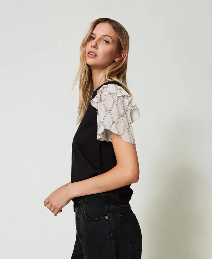 Twinset TShirt With Creponne Sleeves Black White Cream Bow Print Women TShirts And Tops Twinset TShirt With Creponne Sleeves Black White Cream Bow Print Women TShirts And Tops