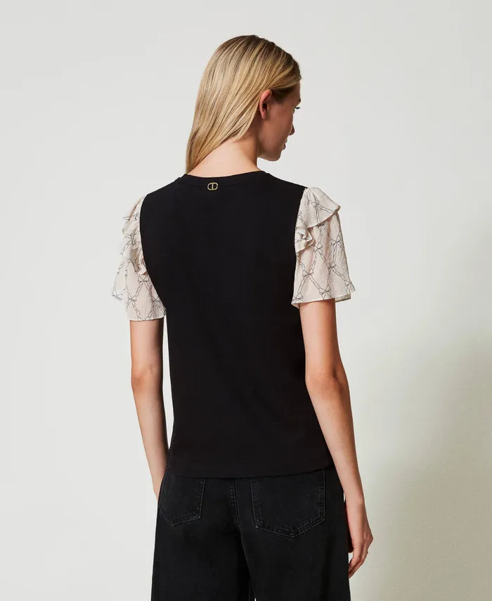 Twinset TShirt With Creponne Sleeves Black White Cream Bow Print Women TShirts And Tops Twinset TShirt With Creponne Sleeves Black White Cream Bow Print Women TShirts And Tops
