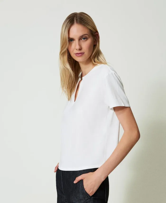 Twinset TShirt With HeartShaped Clasp Off White Women TShirts And Tops Twinset TShirt With HeartShaped Clasp Off White Women TShirts And Tops