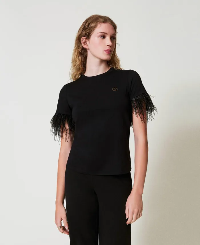 Twinset TShirt With Oval T Logo And Feathers Black Women TShirts And Tops