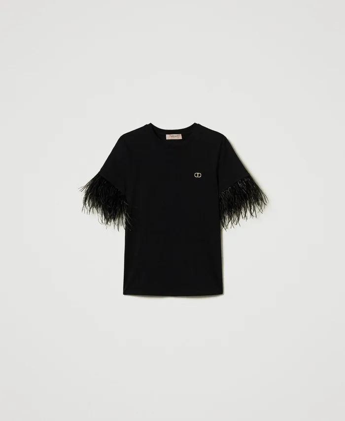 Twinset TShirt With Oval T Logo And Feathers Black Women TShirts And Tops Twinset TShirt With Oval T Logo And Feathers Black Women TShirts And Tops