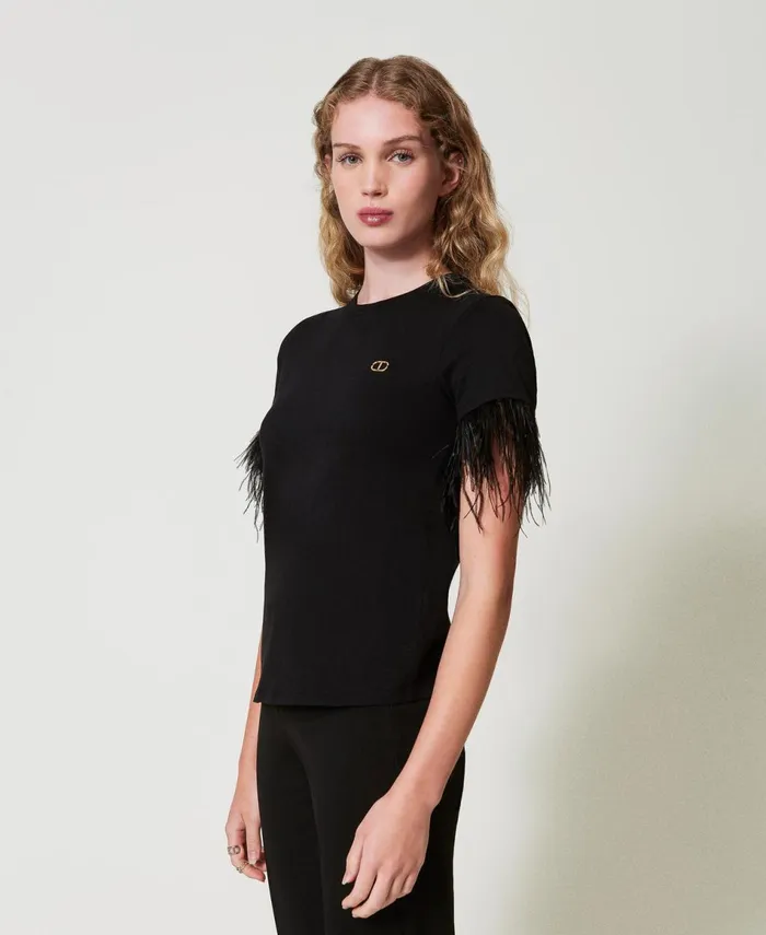 Twinset TShirt With Oval T Logo And Feathers Black Women TShirts And Tops Twinset TShirt With Oval T Logo And Feathers Black Women TShirts And Tops
