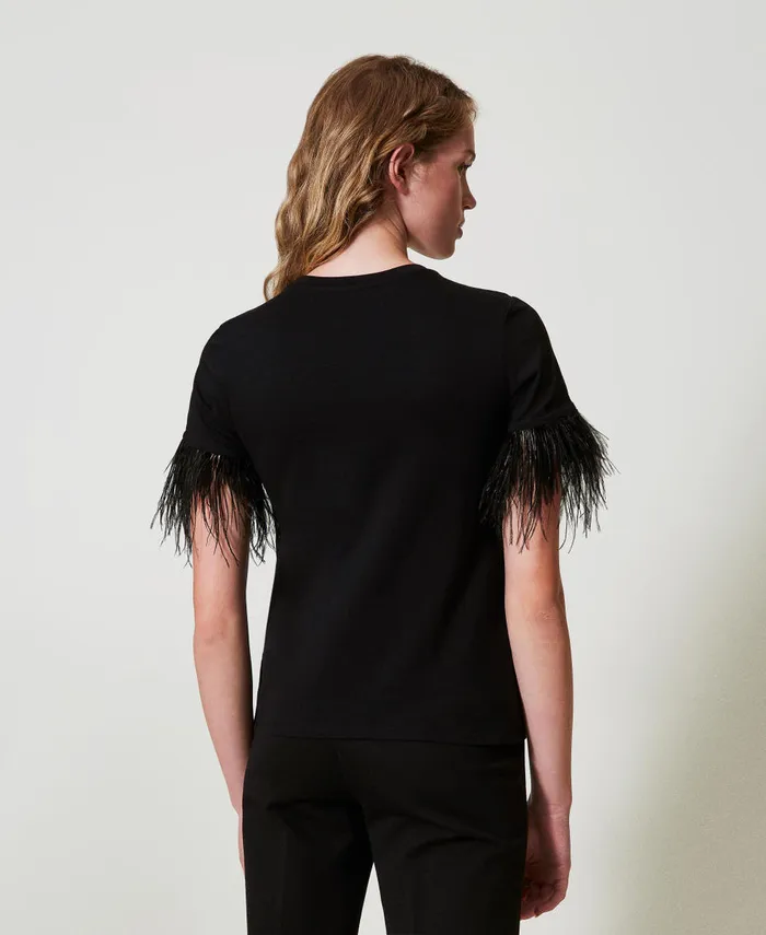 Twinset TShirt With Oval T Logo And Feathers Black Women TShirts And Tops Twinset TShirt With Oval T Logo And Feathers Black Women TShirts And Tops