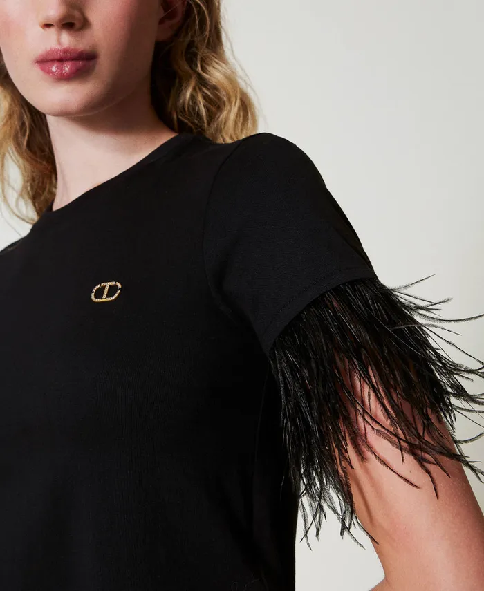 Twinset TShirt With Oval T Logo And Feathers Black Women TShirts And Tops Twinset TShirt With Oval T Logo And Feathers Black Women TShirts And Tops