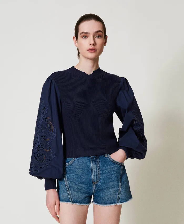 Twinset Turtleneck Jumper With Embroidered Sleeves Blue Night Women Jumpers And Cardigans Twinset Turtleneck Jumper With Embroidered Sleeves Blue Night Women Jumpers And Cardigans