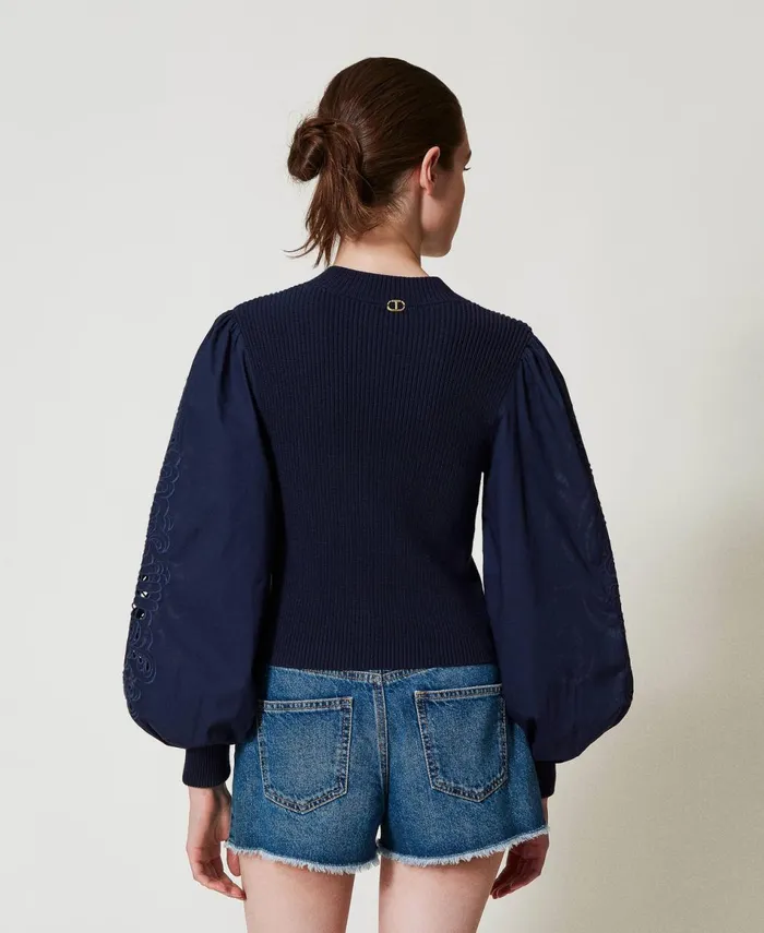 Twinset Turtleneck Jumper With Embroidered Sleeves Blue Night Women Jumpers And Cardigans Twinset Turtleneck Jumper With Embroidered Sleeves Blue Night Women Jumpers And Cardigans