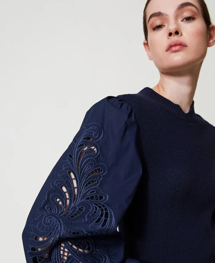 Twinset Turtleneck Jumper With Embroidered Sleeves Blue Night Women Jumpers And Cardigans Twinset Turtleneck Jumper With Embroidered Sleeves Blue Night Women Jumpers And Cardigans
