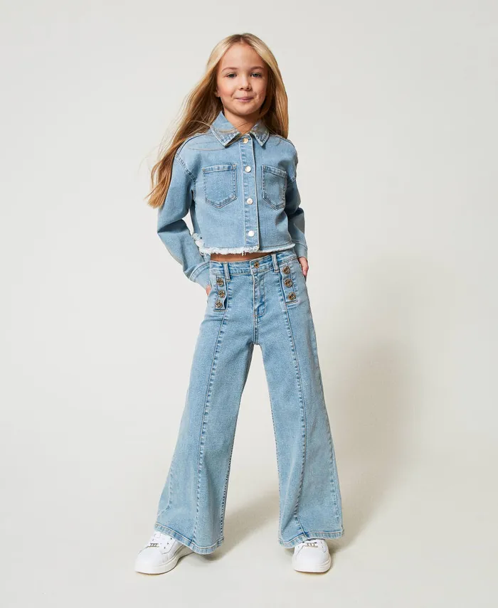 Twinset Wide Leg Jeans With Logo Buttons Light Denim Girl Trousers And Jeans