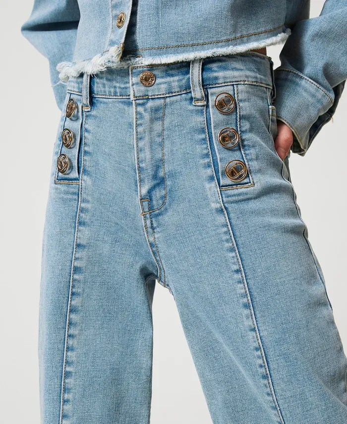 Twinset Wide Leg Jeans With Logo Buttons Light Denim Girl Trousers And Jeans Twinset Wide Leg Jeans With Logo Buttons Light Denim Girl Trousers And Jeans