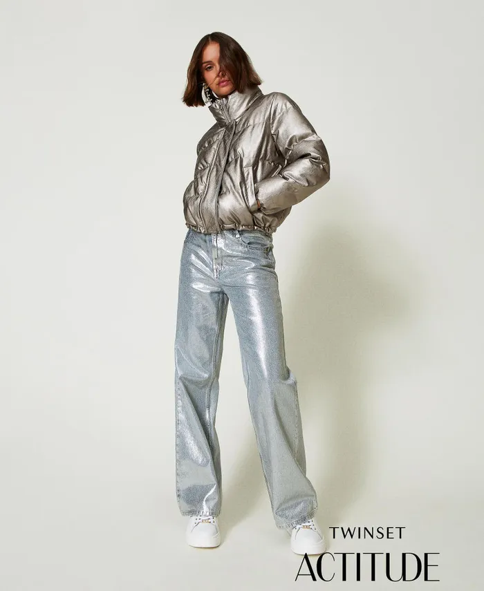 Twinset Wide Leg Jeans With Silver Coating Laminated Denim Women Jeans