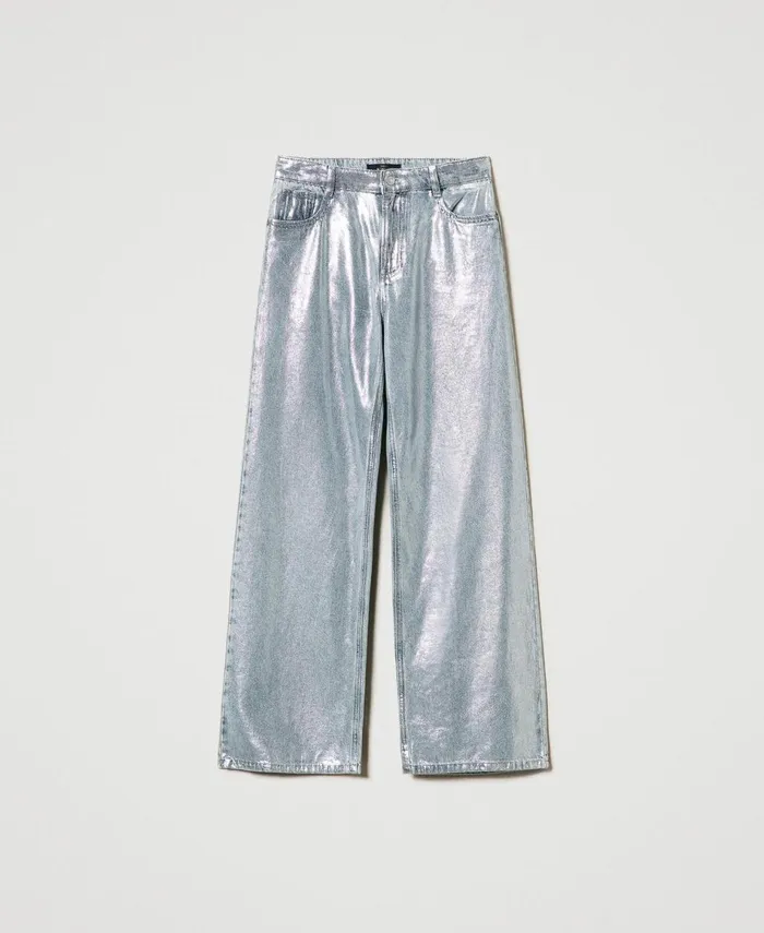 Twinset Wide Leg Jeans With Silver Coating Laminated Denim Women Jeans Twinset Wide Leg Jeans With Silver Coating Laminated Denim Women Jeans