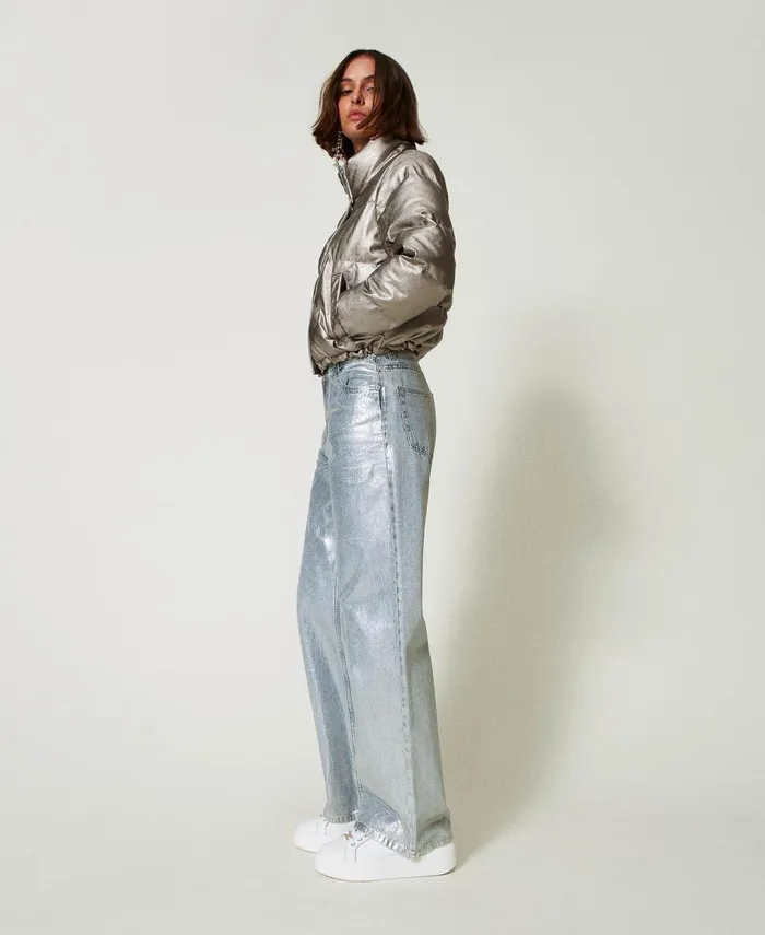 Twinset Wide Leg Jeans With Silver Coating Laminated Denim Women Jeans Twinset Wide Leg Jeans With Silver Coating Laminated Denim Women Jeans
