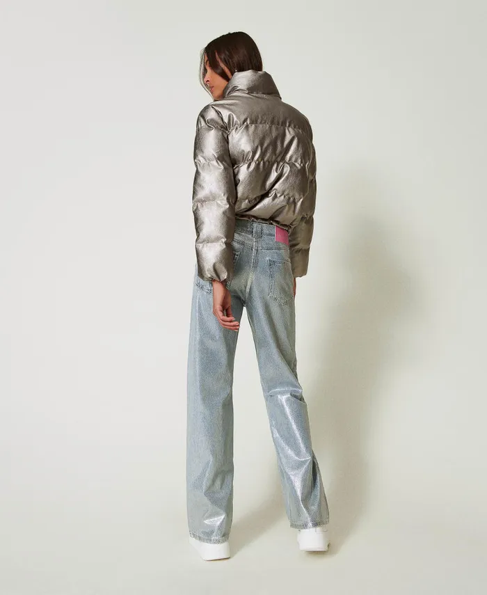 Twinset Wide Leg Jeans With Silver Coating Laminated Denim Women Jeans Twinset Wide Leg Jeans With Silver Coating Laminated Denim Women Jeans