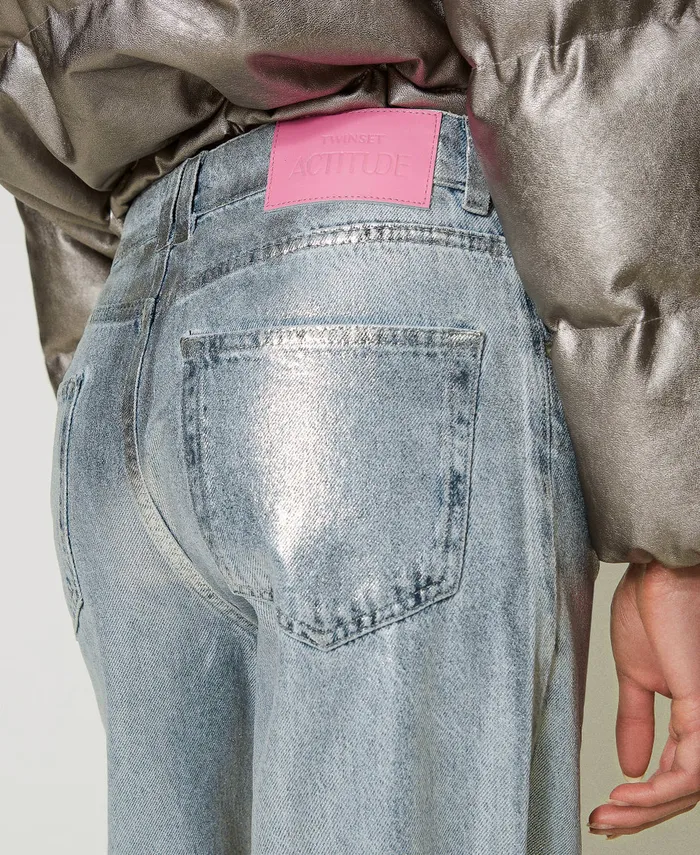 Twinset Wide Leg Jeans With Silver Coating Laminated Denim Women Jeans Twinset Wide Leg Jeans With Silver Coating Laminated Denim Women Jeans
