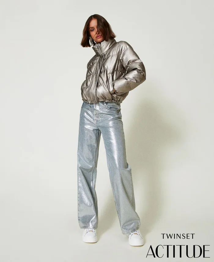 Twinset Wide Leg Jeans With Silver Coating Laminated Denim Women Jeans Twinset Wide Leg Jeans With Silver Coating Laminated Denim Women Jeans