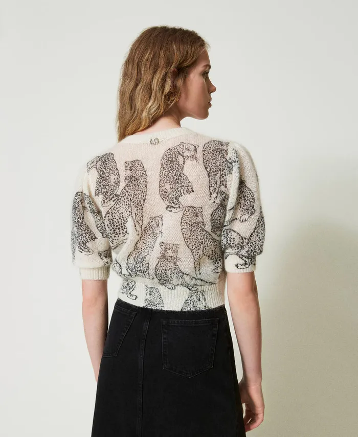 Twinset Wool And Mohair Blend Cropped Jumper Black Snow White Jaguar Print Women Jumpers And Cardigans Twinset Wool And Mohair Blend Cropped Jumper Black Snow White Jaguar Print Women Jumpers And Cardigans