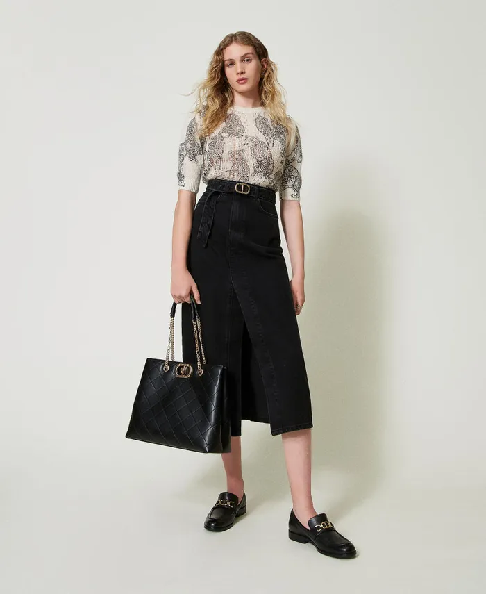 Twinset Wool And Mohair Blend Cropped Jumper Black Snow White Jaguar Print Women Jumpers And Cardigans Twinset Wool And Mohair Blend Cropped Jumper Black Snow White Jaguar Print Women Jumpers And Cardigans