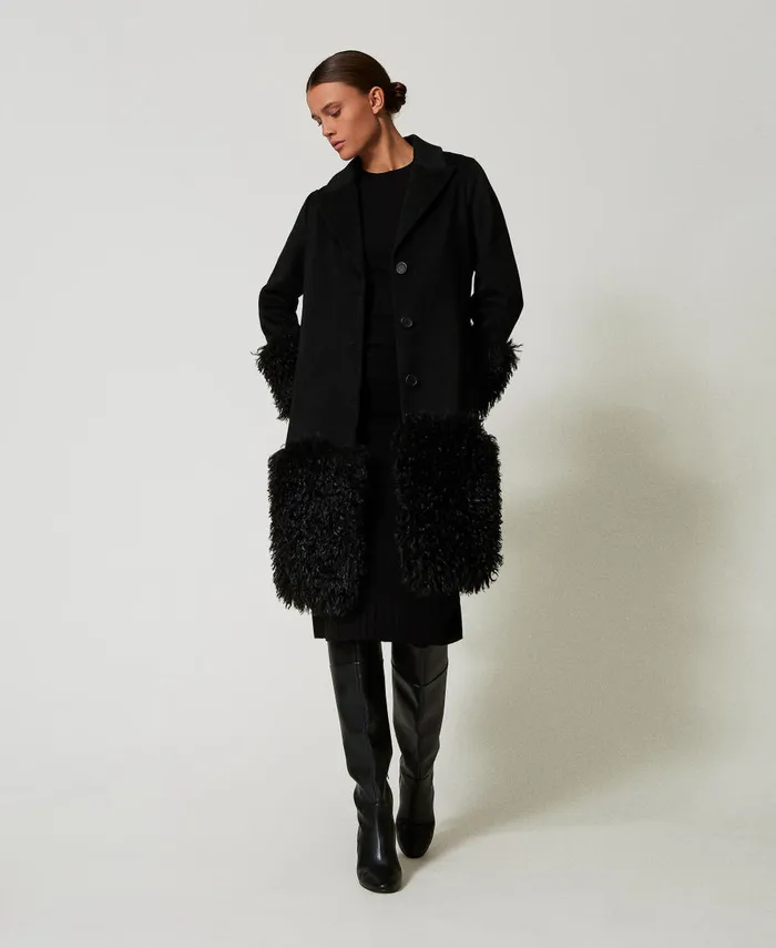 Twinset Wool Blend Cloth Coat With Faux Fur Black Women Jackets And Outerwear