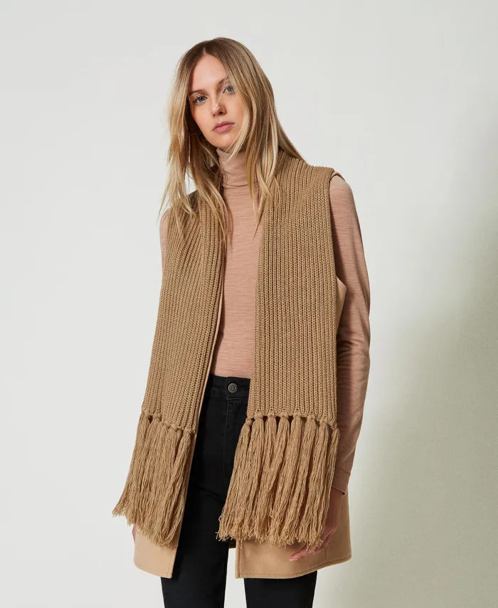 Twinset Wool Cloth Gilet With Fringes Sandy Brown Women Jackets And Outerwear
