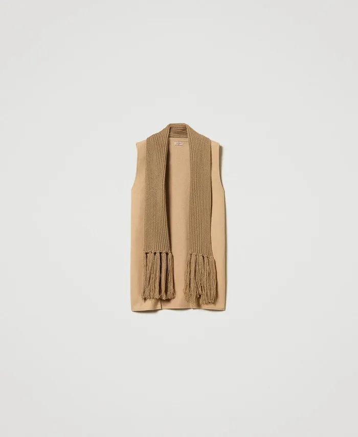 Twinset Wool Cloth Gilet With Fringes Sandy Brown Women Jackets And Outerwear