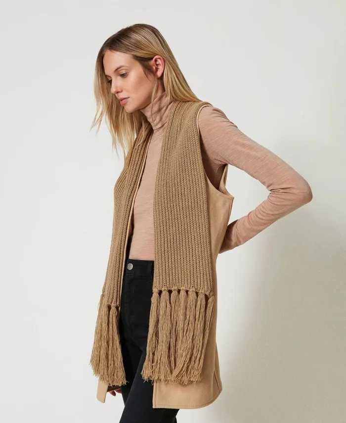 Twinset Wool Cloth Gilet With Fringes Sandy Brown Women Jackets And Outerwear