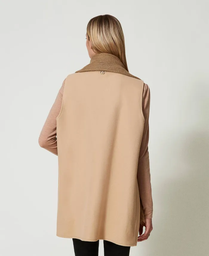 Twinset Wool Cloth Gilet With Fringes Sandy Brown Women Jackets And Outerwear