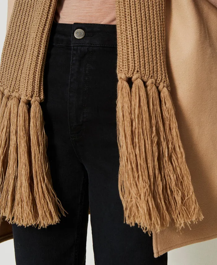 Twinset Wool Cloth Gilet With Fringes Sandy Brown Women Jackets And Outerwear