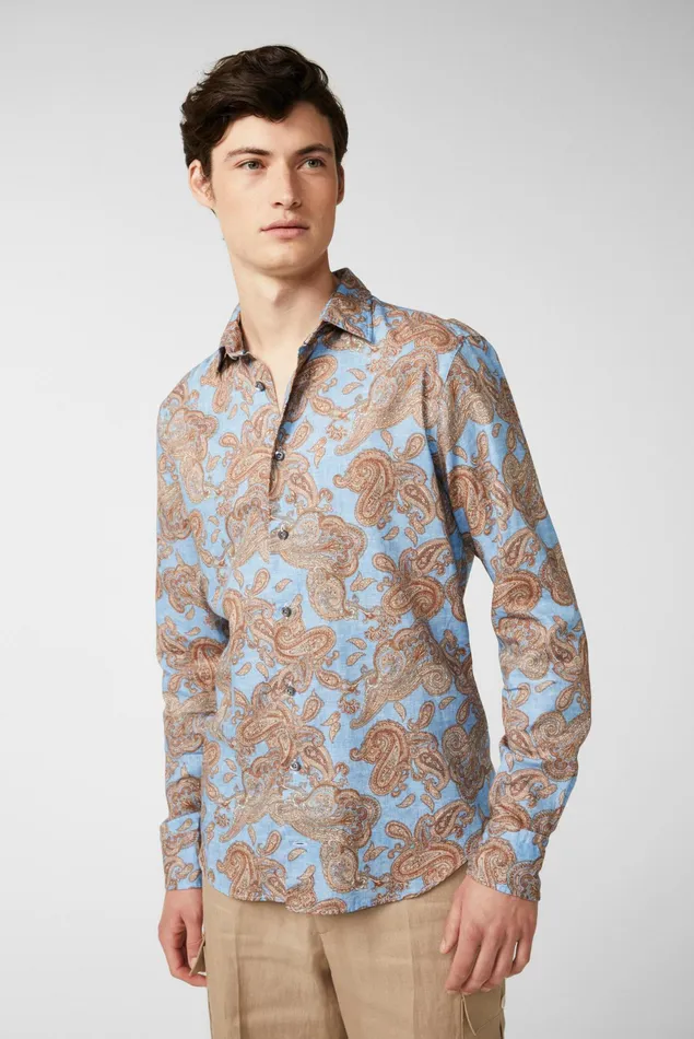 Van Laack Casual Shirts Men Textured Cotton Shirt With Vintage Paysley Print And Piping Details Blue