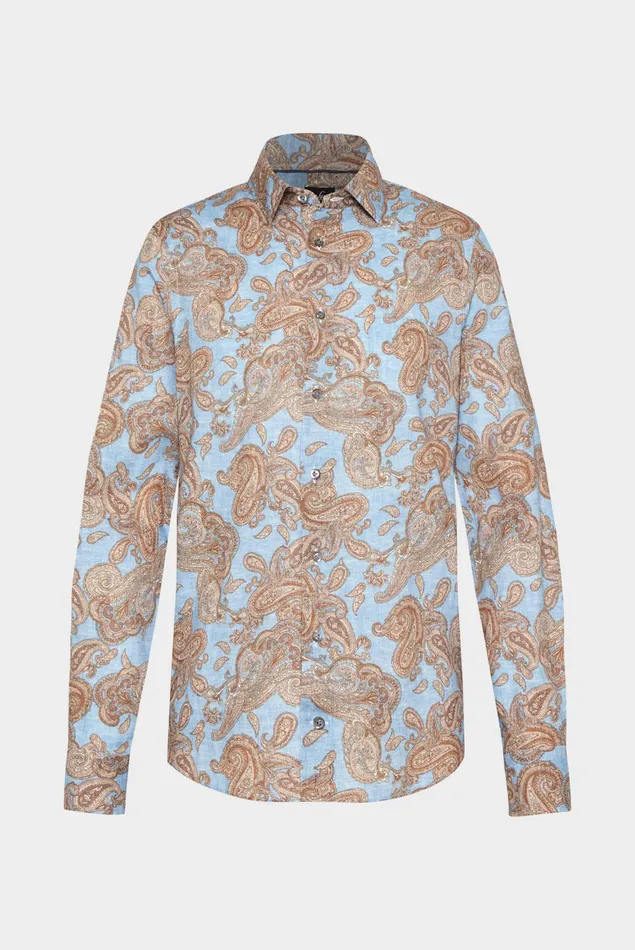 Van Laack Casual Shirts Men Textured Cotton Shirt With Vintage Paysley Print And Piping Details Blue Van Laack Casual Shirts Men Textured Cotton Shirt With Vintage Paysley Print And Piping Details Blue