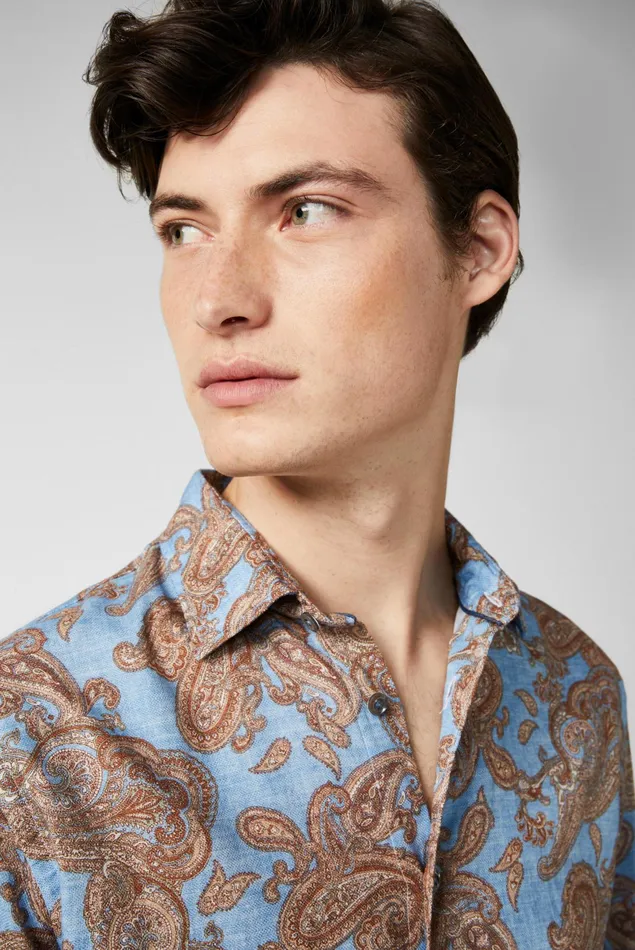 Van Laack Casual Shirts Men Textured Cotton Shirt With Vintage Paysley Print And Piping Details Blue Van Laack Casual Shirts Men Textured Cotton Shirt With Vintage Paysley Print And Piping Details Blue