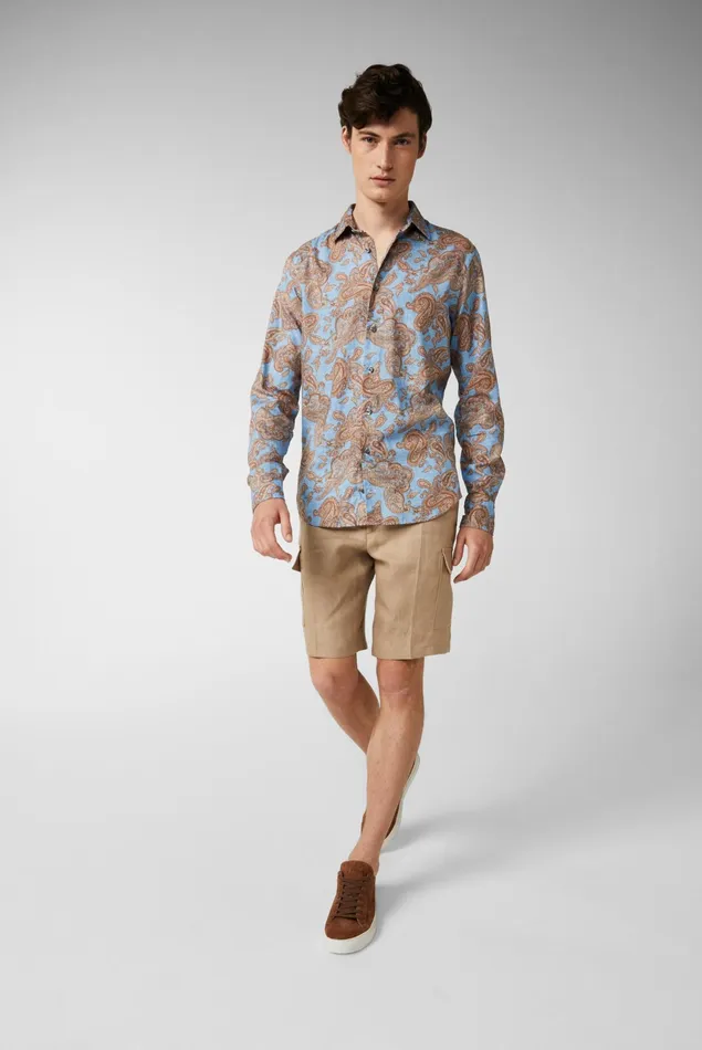 Van Laack Casual Shirts Men Textured Cotton Shirt With Vintage Paysley Print And Piping Details Blue Van Laack Casual Shirts Men Textured Cotton Shirt With Vintage Paysley Print And Piping Details Blue