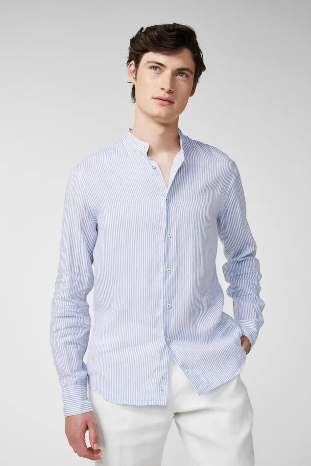 Van Laack Linen Shirts Men Super Soft Striped Linen Shirt With Standup Collar Blue