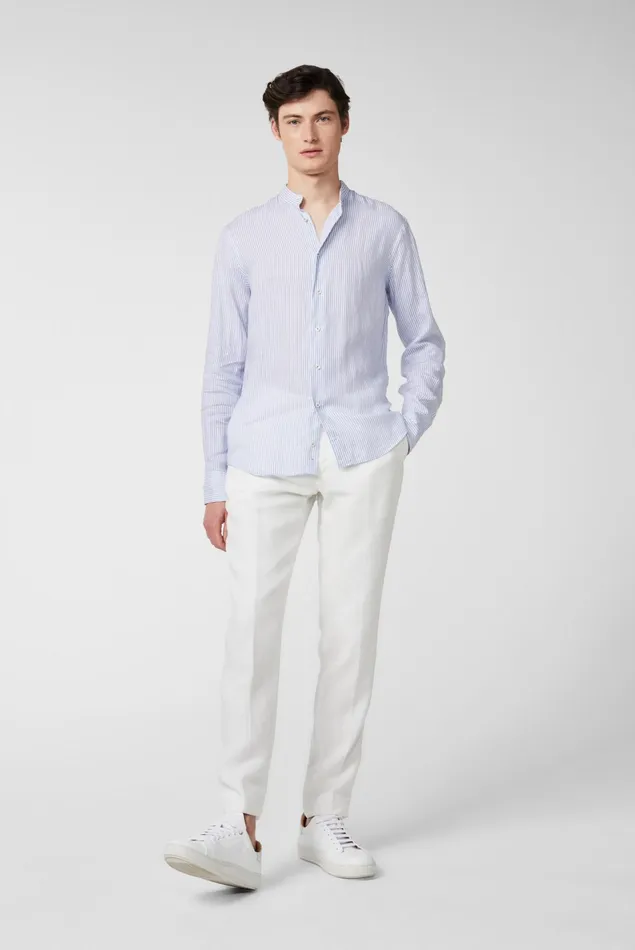 Van Laack Linen Shirts Men Super Soft Striped Linen Shirt With Standup Collar Blue Van Laack Linen Shirts Men Super Soft Striped Linen Shirt With Standup Collar Blue