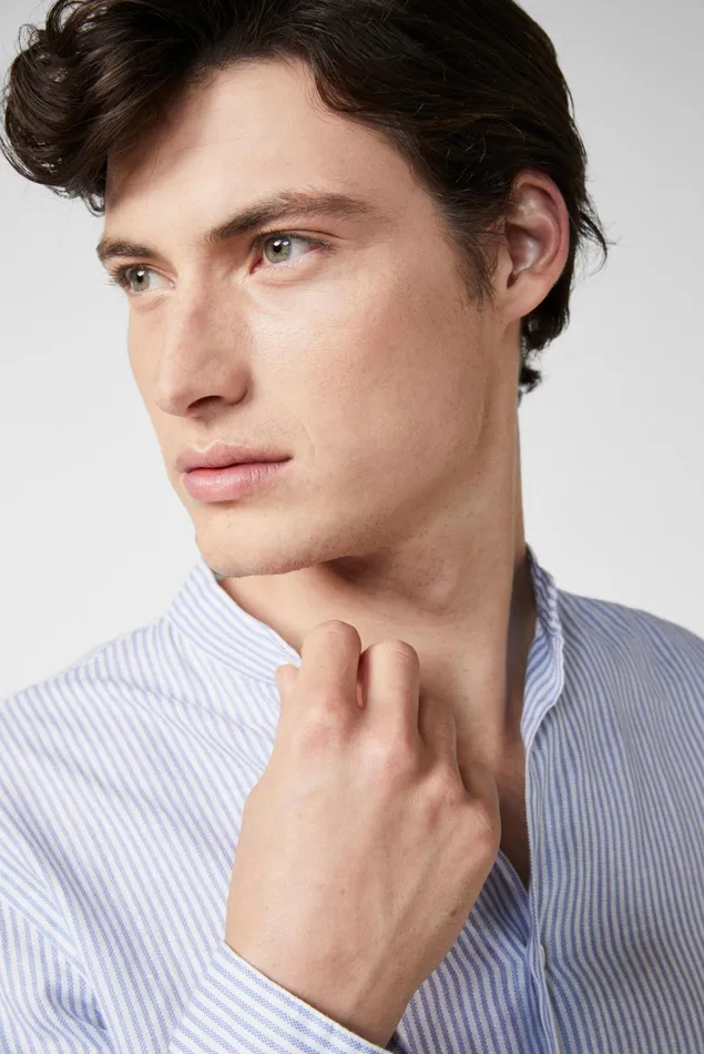 Van Laack Linen Shirts Men Super Soft Striped Linen Shirt With Standup Collar Blue Van Laack Linen Shirts Men Super Soft Striped Linen Shirt With Standup Collar Blue
