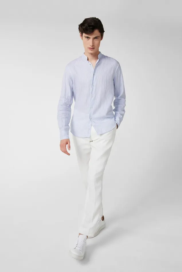 Van Laack Linen Shirts Men Super Soft Striped Linen Shirt With Standup Collar Blue Van Laack Linen Shirts Men Super Soft Striped Linen Shirt With Standup Collar Blue