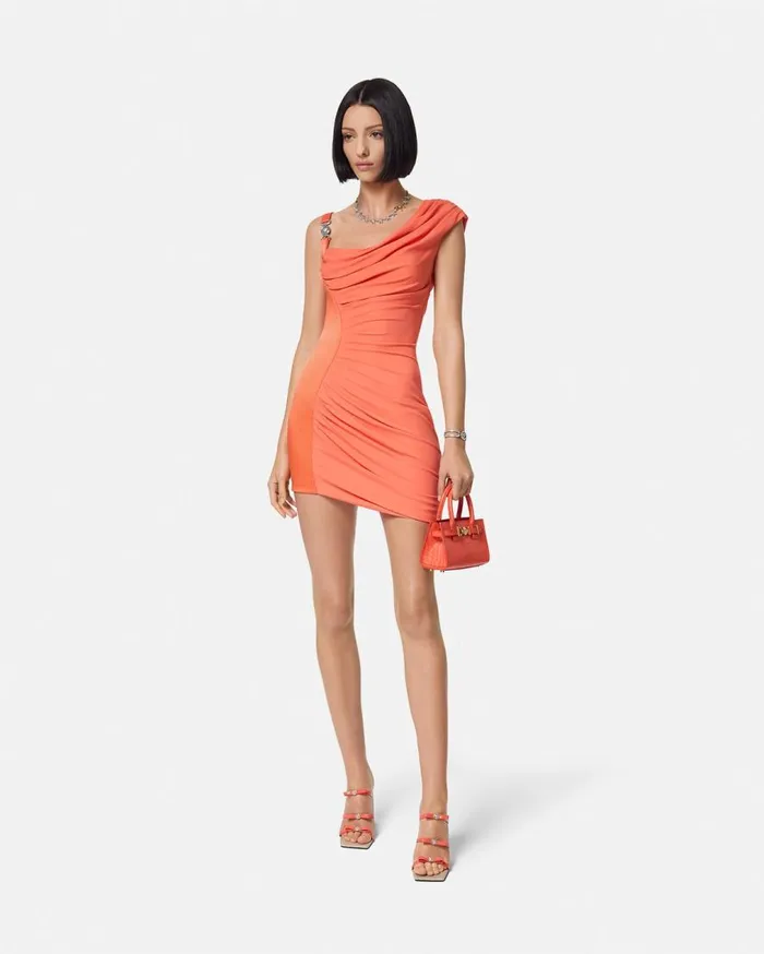 Versace Dresses Medusa 03995 Draped Mini Dress Coral 8211 Women Versace Dresses Medusa 03995 Draped Mini Dress Coral 8211 Women